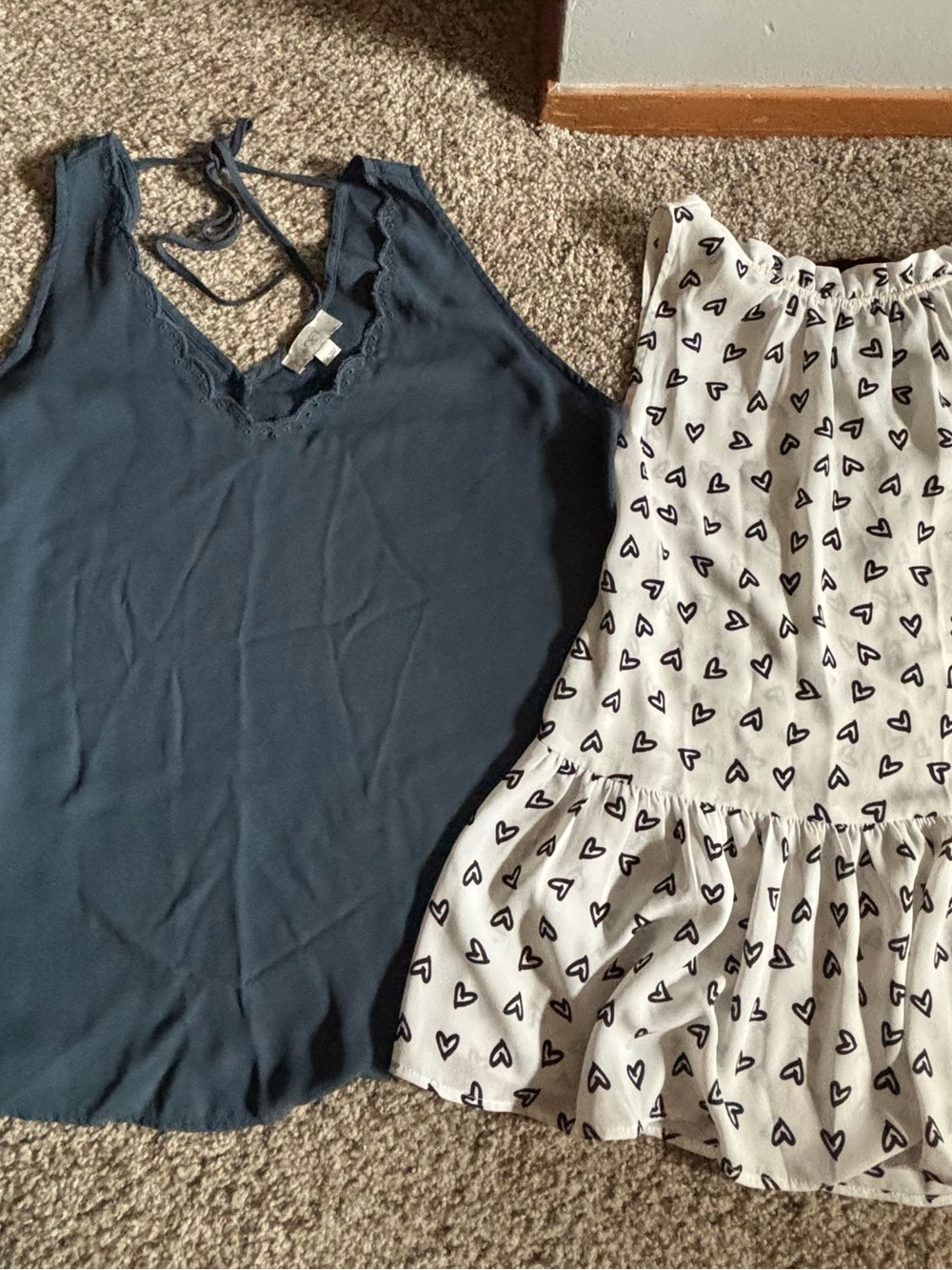 LOFT teal Lace-Trim Sleeveless(M) & black hearts on white tie back(S) camisoles
